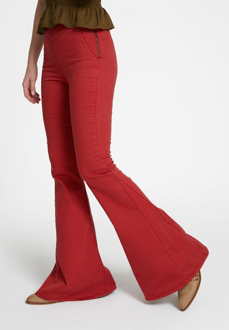 Bayan Kırmızı Yüksek Bel Detaylı Flare Pantolon