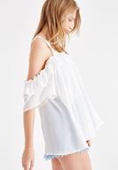 Women Cream Emroidered and Pearl Strappy Blouse
