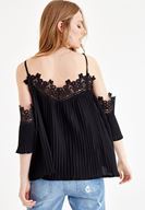 Women Black Pleated Blouse with Details