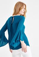 Women Blue Long Sleeve Blouse with Back Details