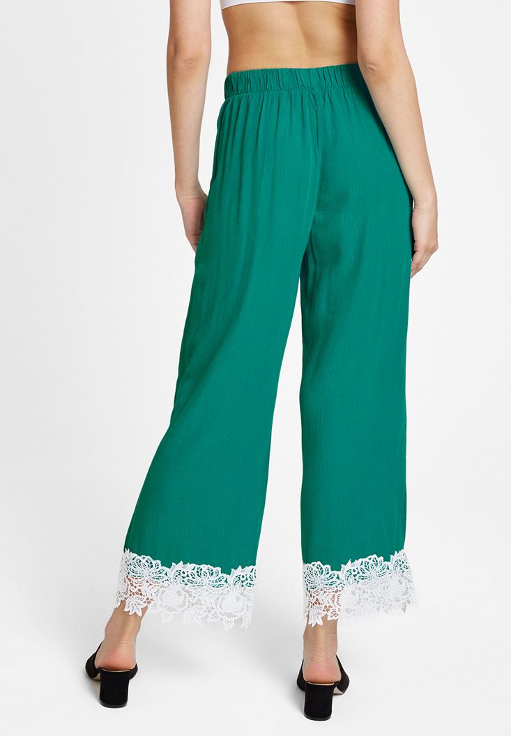 Bayan Yeşil Yüksek Bel Dantel Detaylı Bol Pantolon
