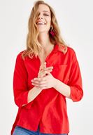 Bayan Kırmızı Cepli Uzun Kollu Gömlek