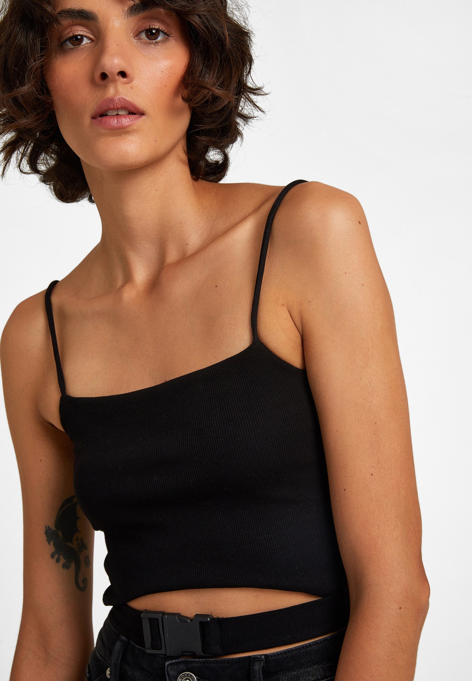 Women Black Crop Top with Buckle Detail