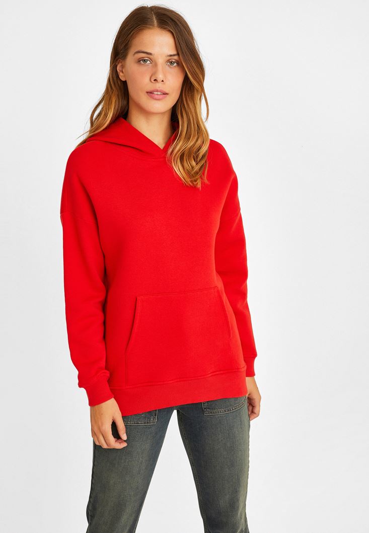 Bayan Kırmızı Uzun Kollu Kapüşonlu Sweatshirt