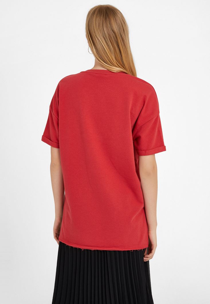 Bayan Kırmızı Sıfır Yaka Oversize Tişört
