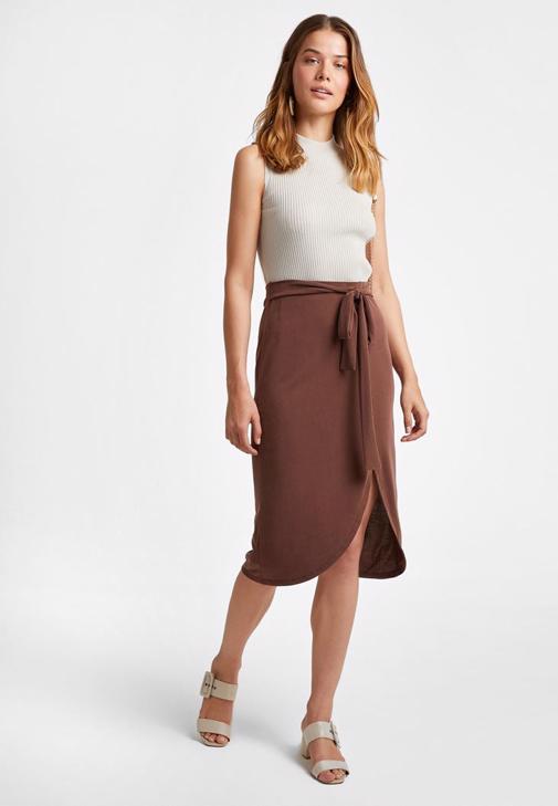 Brown Belted Midi Skirt 