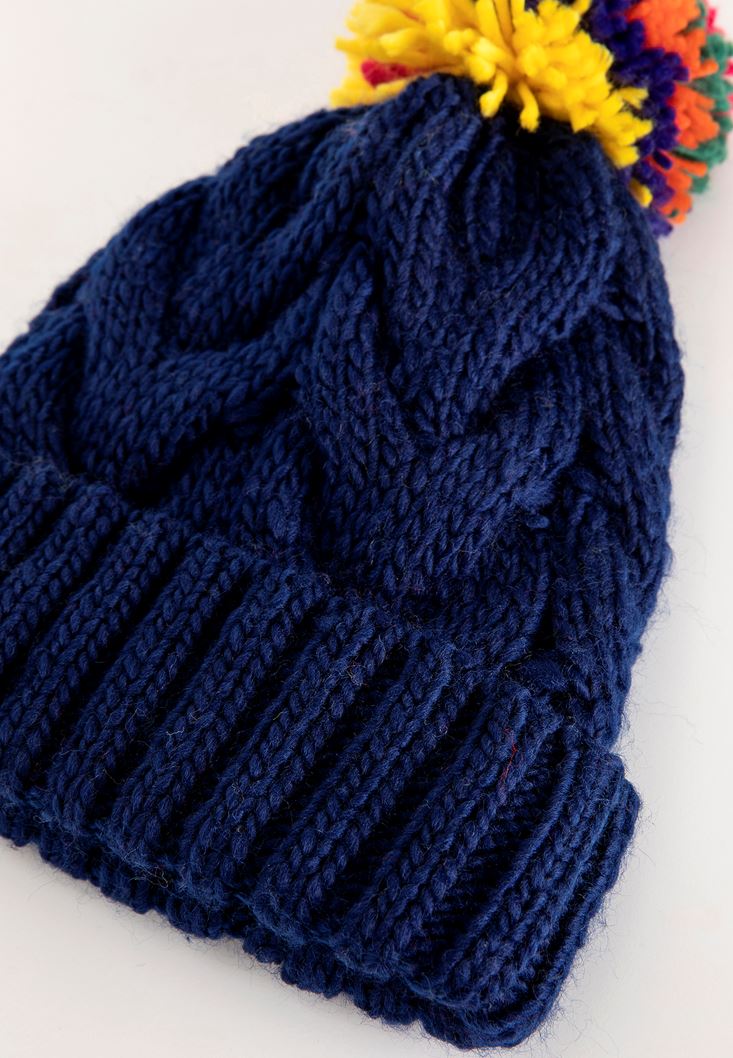 Women Blue Beanie Hat with Cable Knit