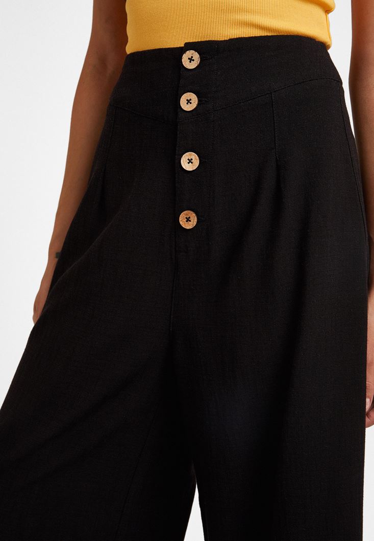 Bayan Siyah Düğme Detaylı Yüksel Bel Pantolon