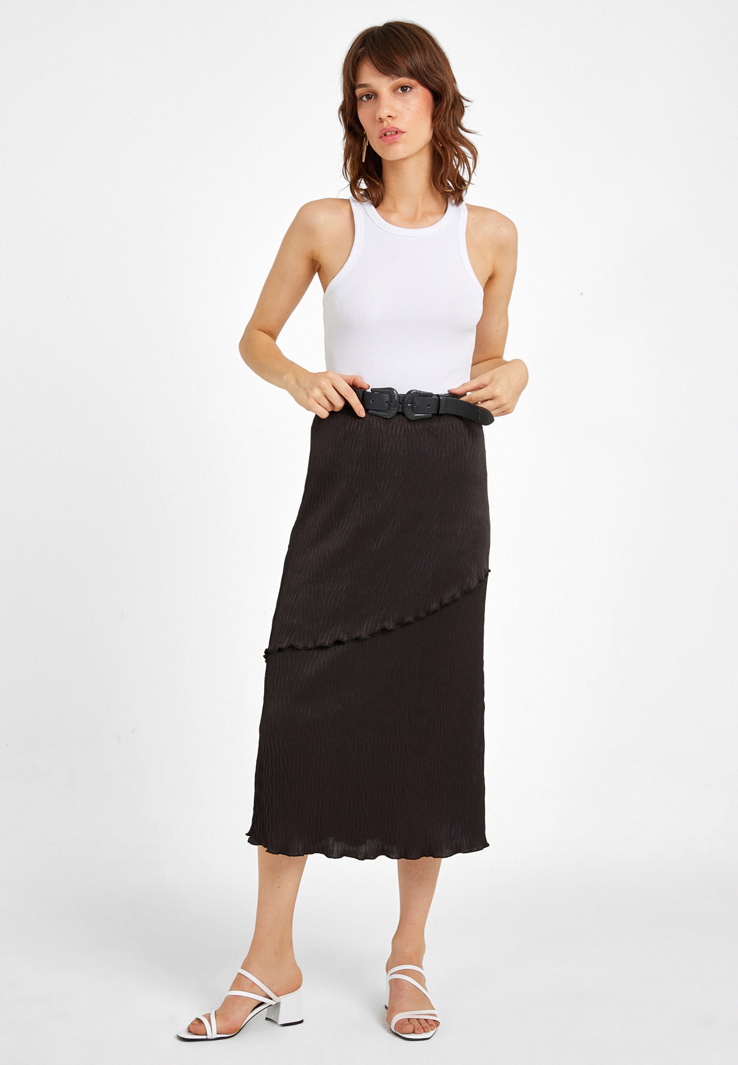 Women Black Pleated Midi Skirt