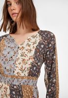 Bayan Çok Renkli Bel Detaylı Desenli Midi Elbise
