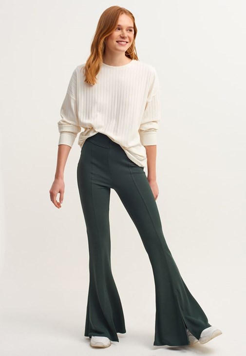 Green Mid-Rise Flare Leg Trousers 