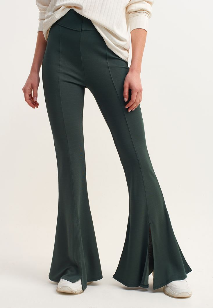 Bayan Yeşil Cut-Out Detaylı Flare Pantolon
