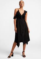 Bayan Siyah Volan Detaylı Midi Elbise