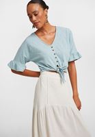 Women Blue Ruffled Blouse with Buttons