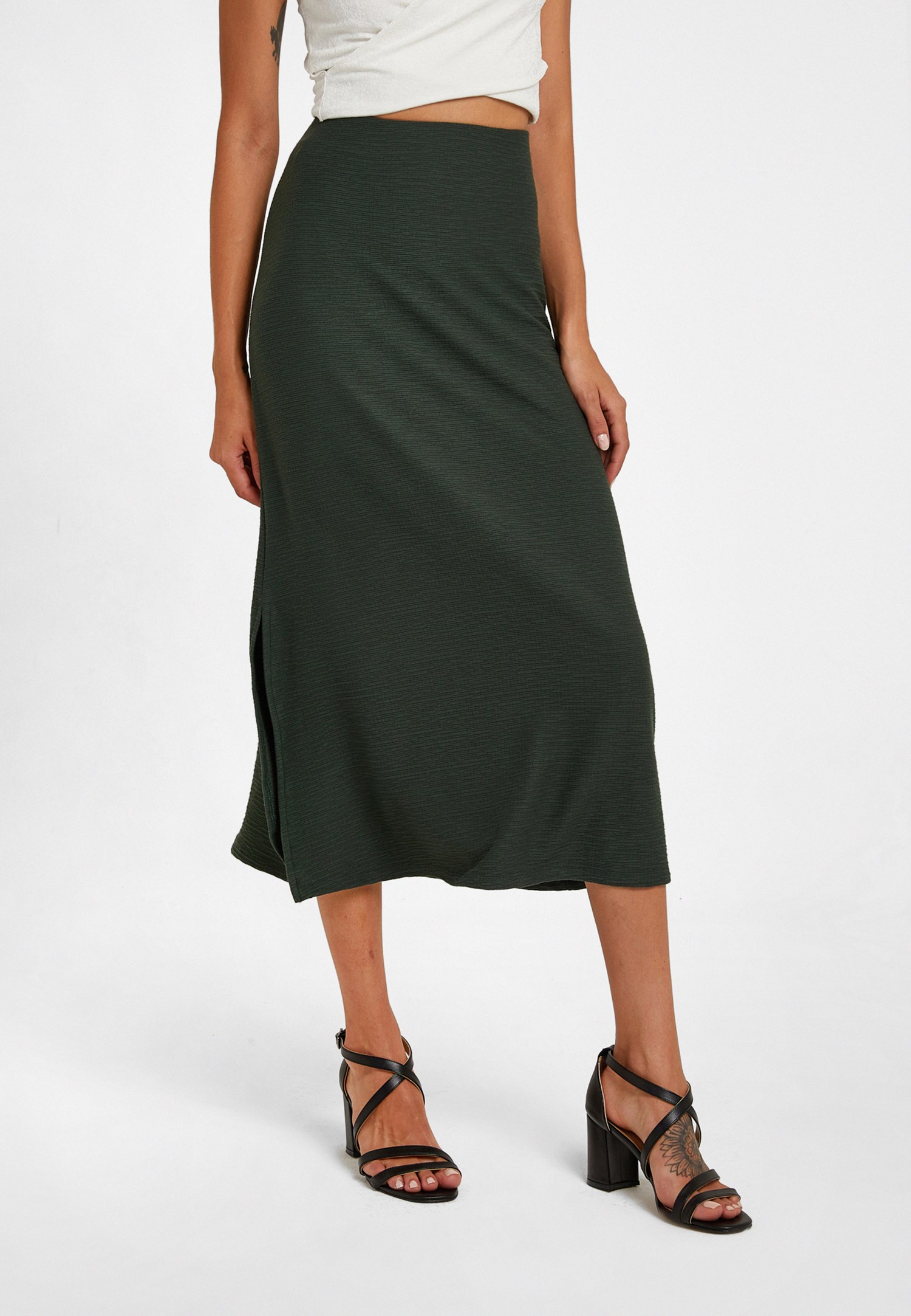 Women Green Midi Skirt with Texture