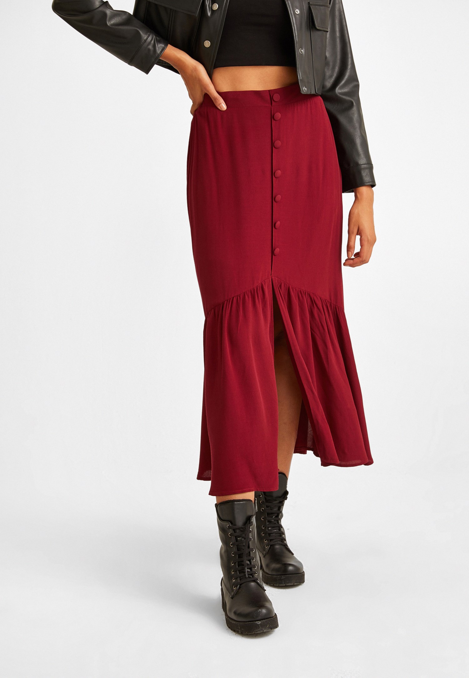 Women Bordeaux Maxi Skirt with Button Details