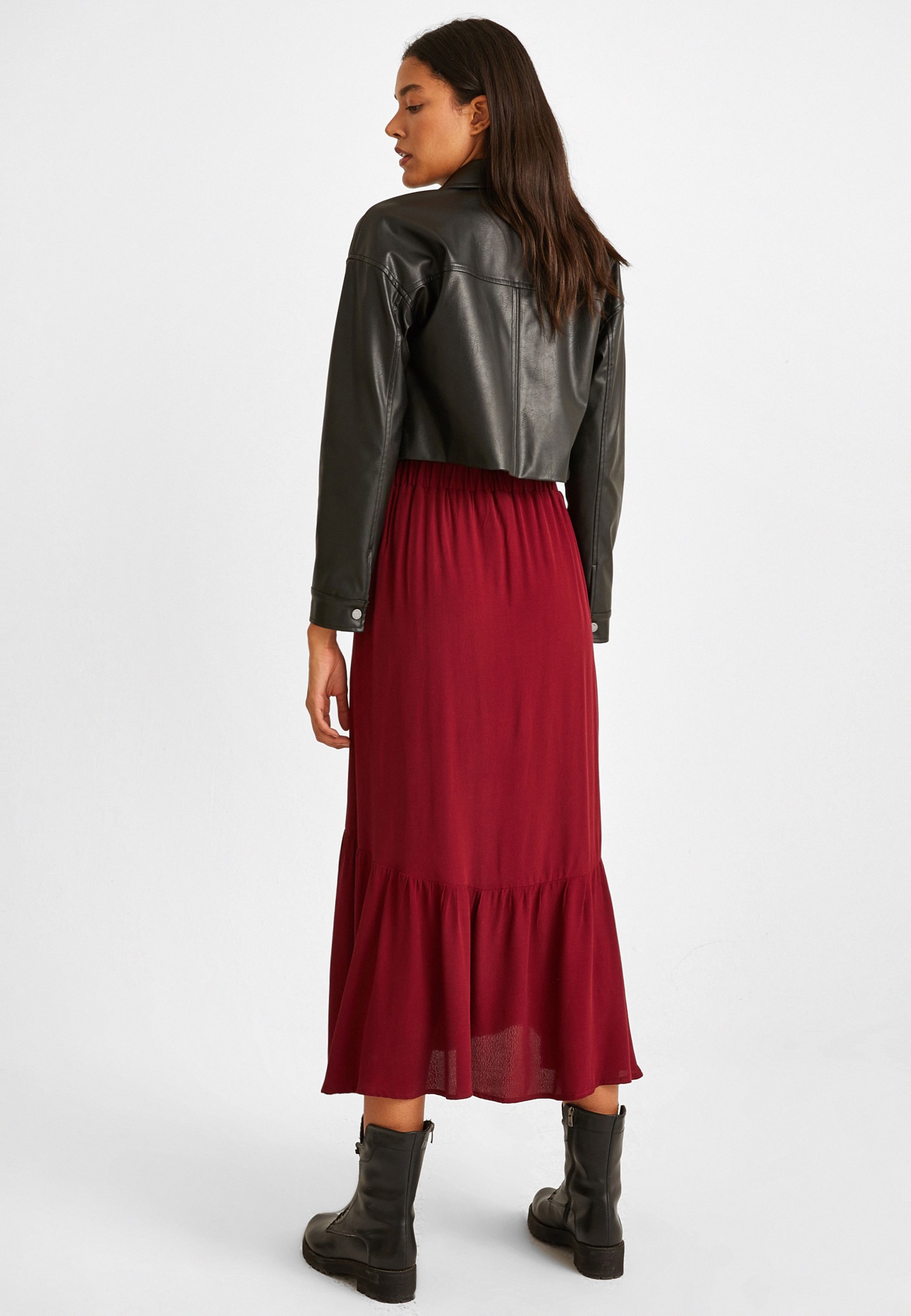 Women Bordeaux Maxi Skirt with Button Details