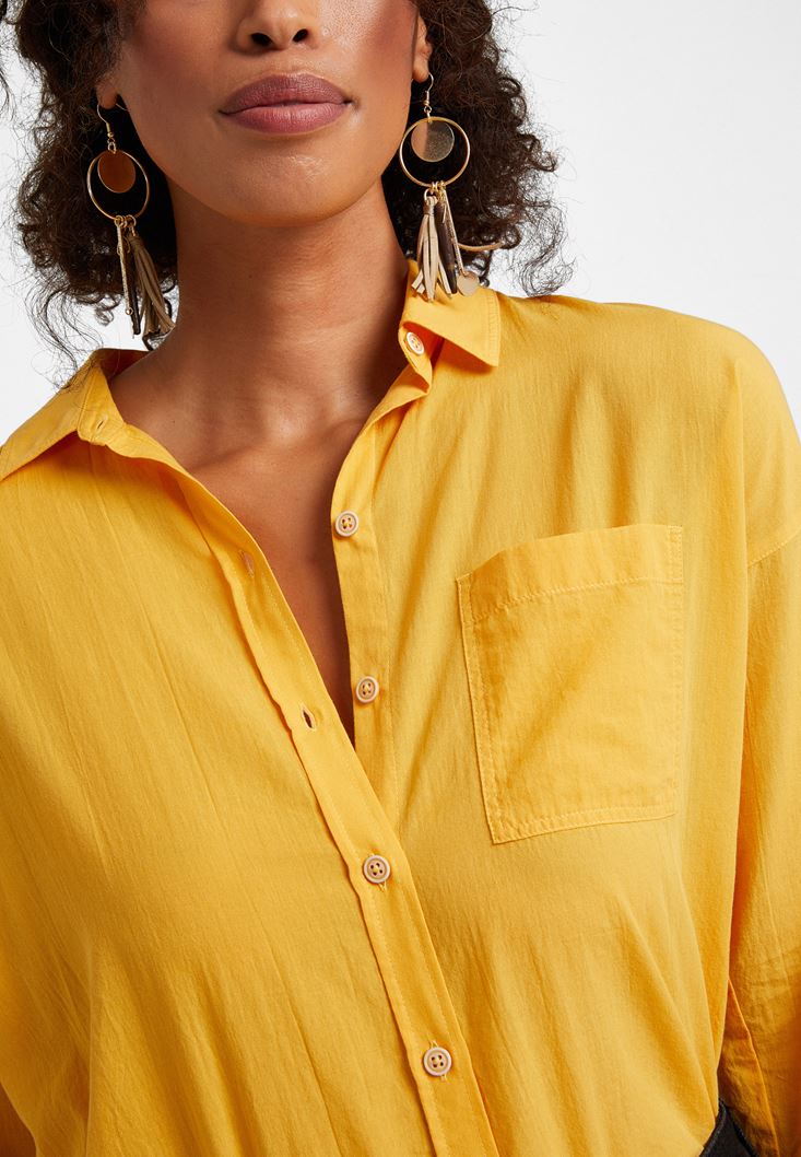 Bayan Sarı Şerit Detaylı Bol Kesim Gömlek