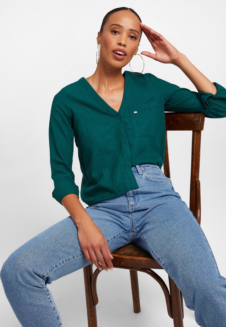 Bayan Yeşil V Yaka Uzun Kollu Gömlek
