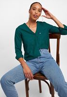 Women Green V-Neck Long Sleeve Shirt