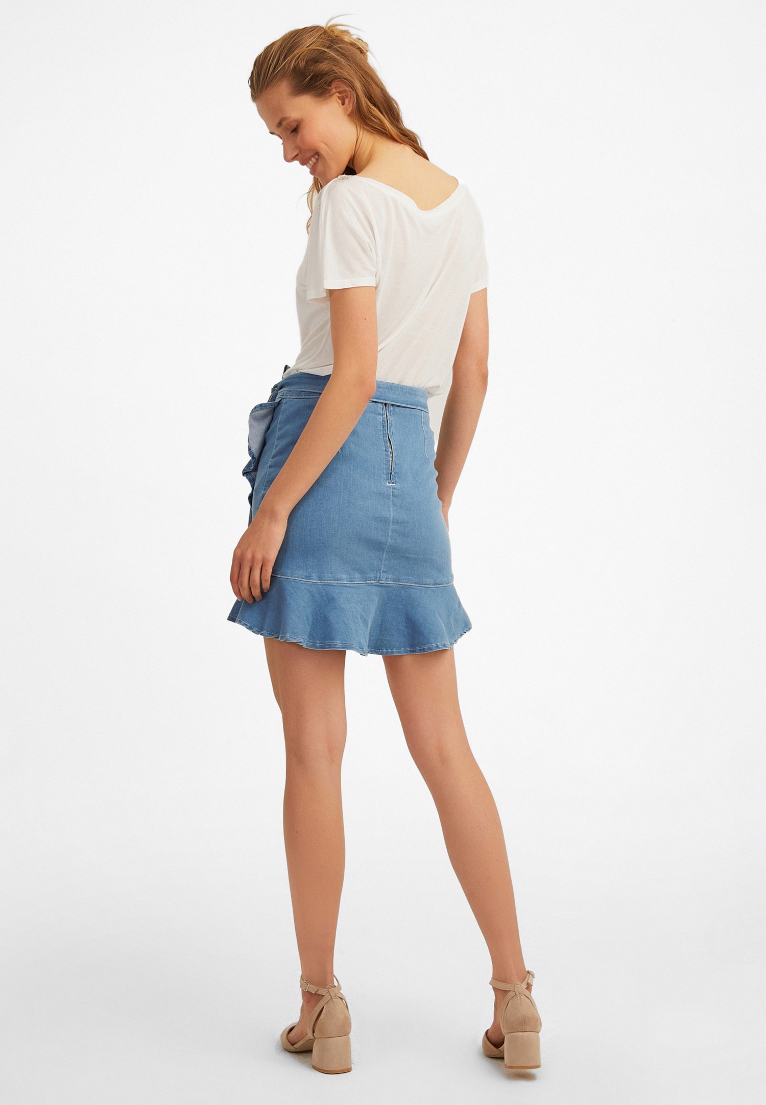 Women Blue Denim Skirt with Ruffle Details