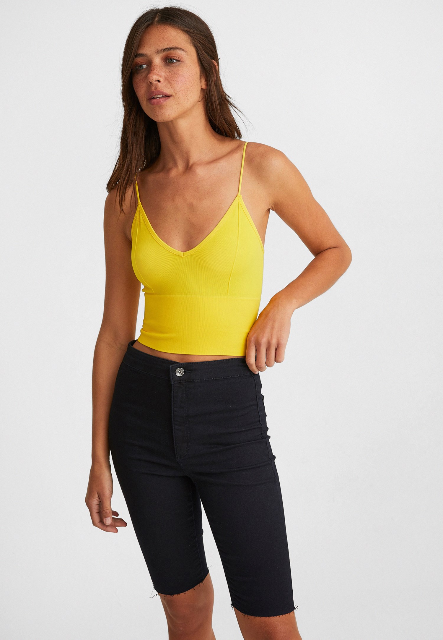 Women Yellow Seamless Crop Top with V Neck
