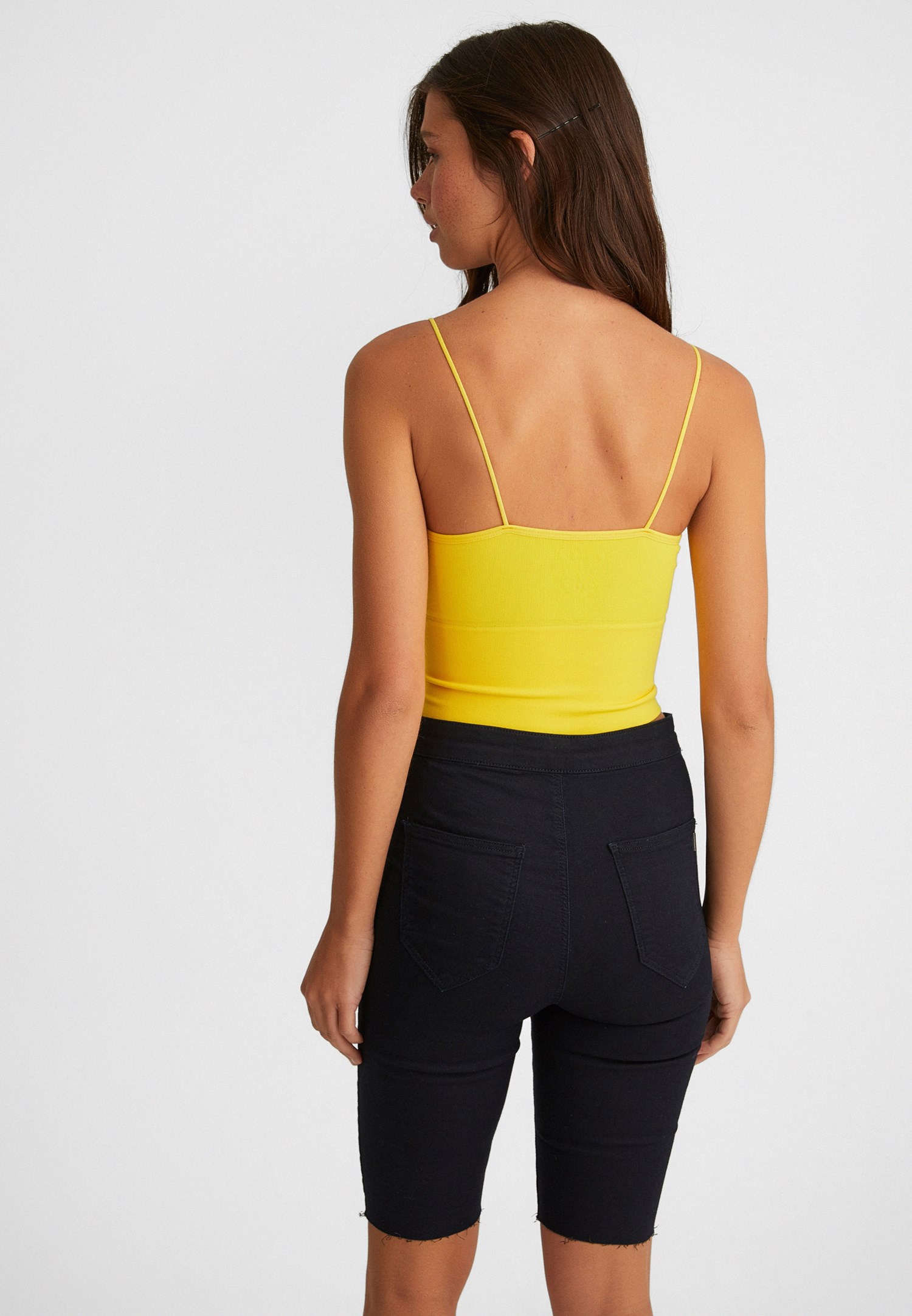 Women Yellow Seamless Crop Top with V Neck
