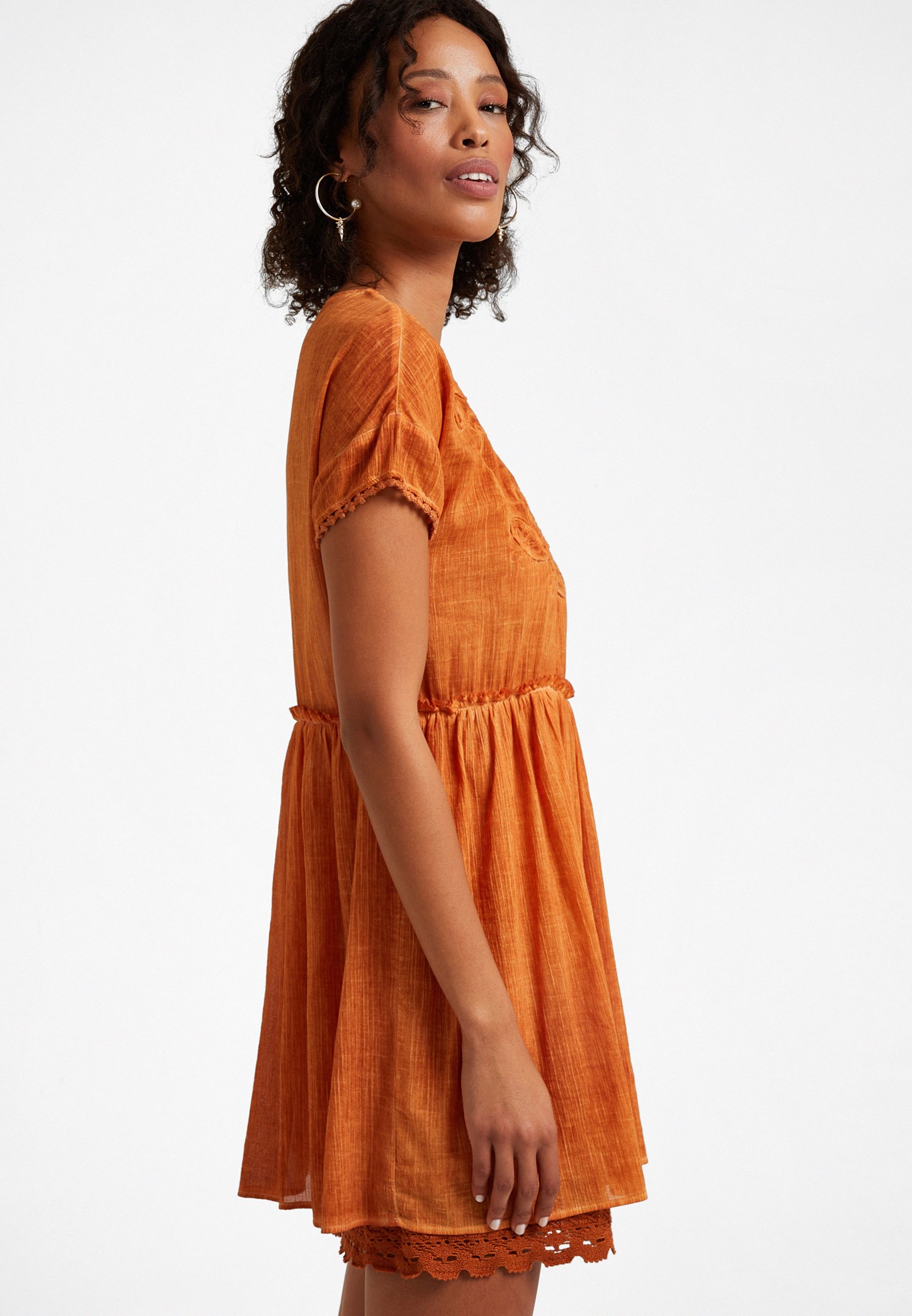 Women Orange Embroidery Mini Dress