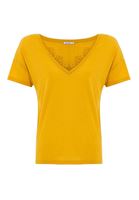 Bayan Sarı V Yaka Dantel Detaylı Tişört