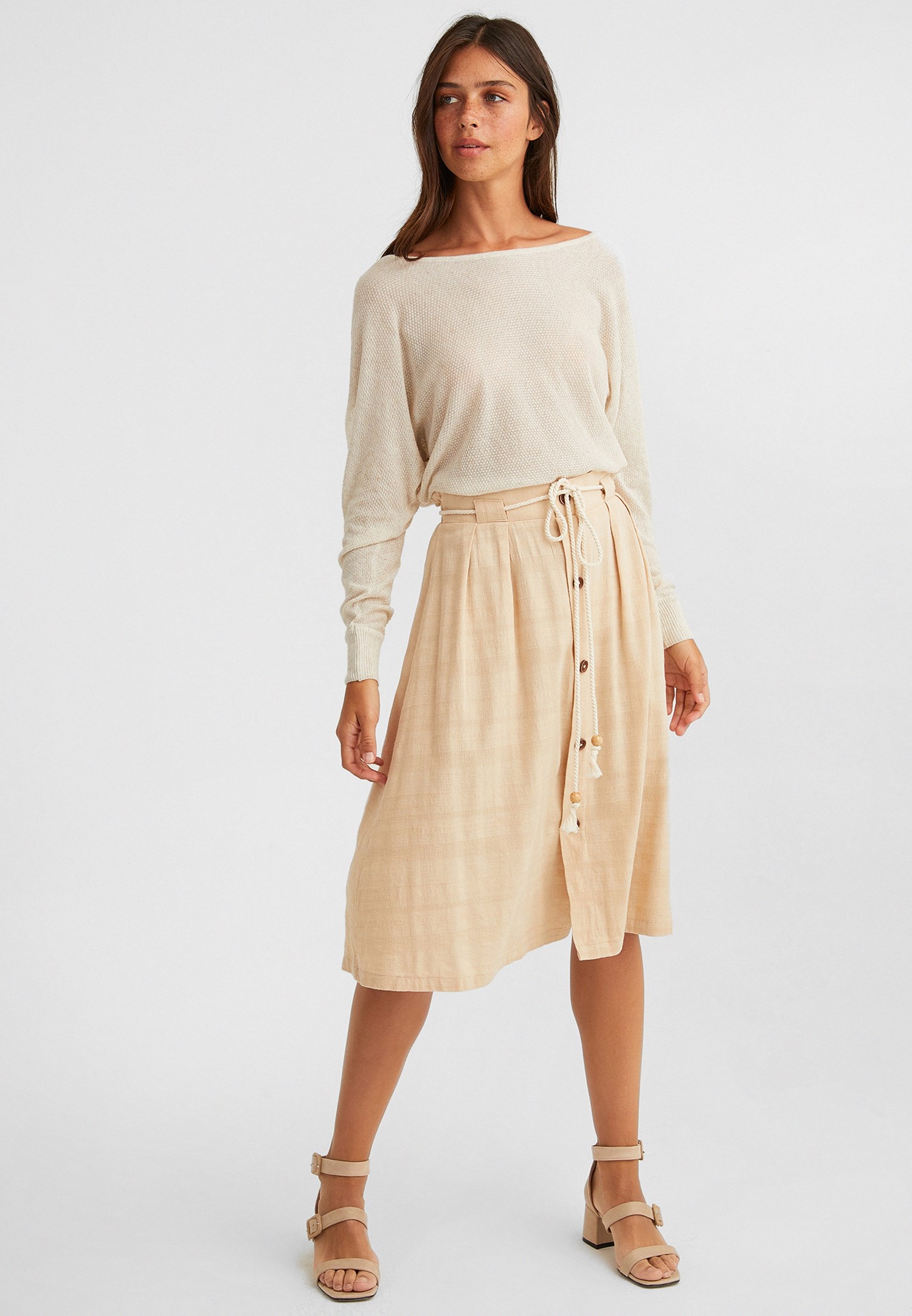 Women Cream Buttoned Midi Skirt