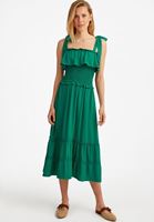 Bayan Yeşil Fırfır Detaylı Uzun Elbise