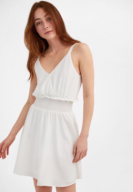 Cream Mini Dress with Elastic Waist 