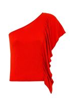 Bayan Kırmızı Tek Omuz Fırfır Detaylı Bluz
