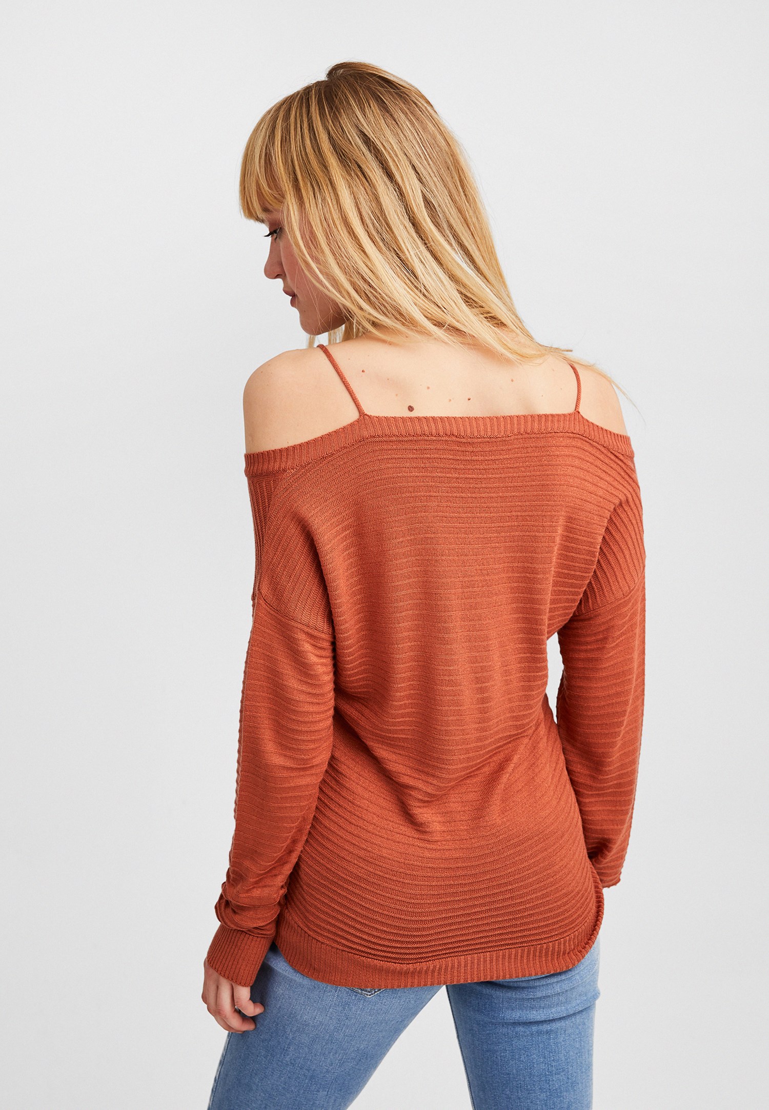 Wat Chaise longue toewijzen Orange Off-Shoulder V-Neck Pullover Online Shopping | OXXOSHOP