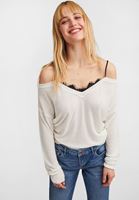 Women Cream Off-Shoulder V-Neck Pullover