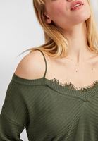 Women Green Off-Shoulder V-Neck Pullover