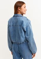 Women Blue Balloon-sleeve crop jacket