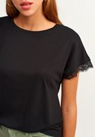 Women Black Boat-neck t-shirt with lace detail