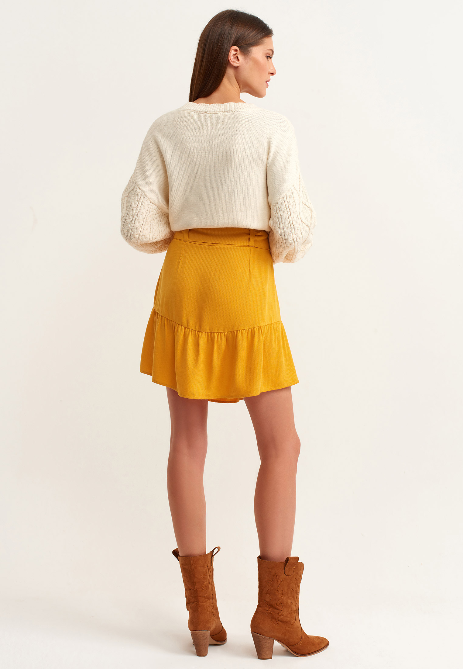Women Yellow Belted Mini Skirt