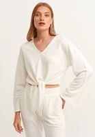 Women Cream Belted Crop Sweatshirt