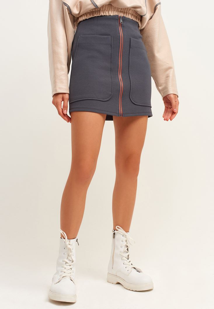 Women Anthracite Grey Zippered Sweat Textured Mini Skirt