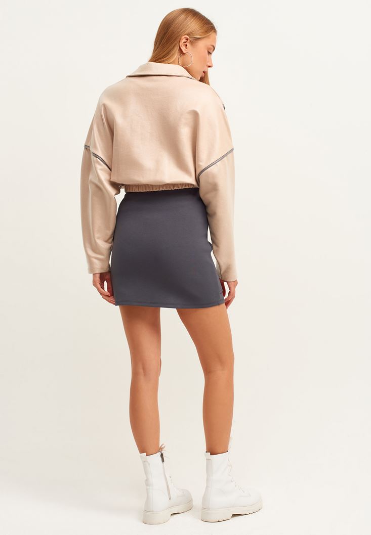 Women Anthracite Grey Zippered Sweat Textured Mini Skirt
