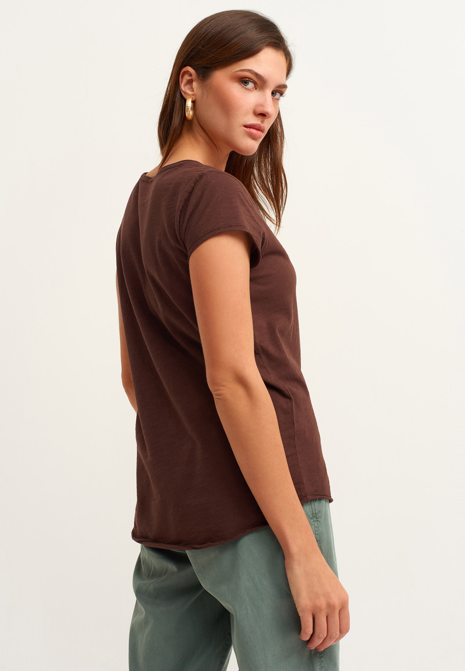 Women Brown Cotton V-neck T-shirt