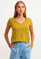 Women Green Cotton V-neck T-shirt