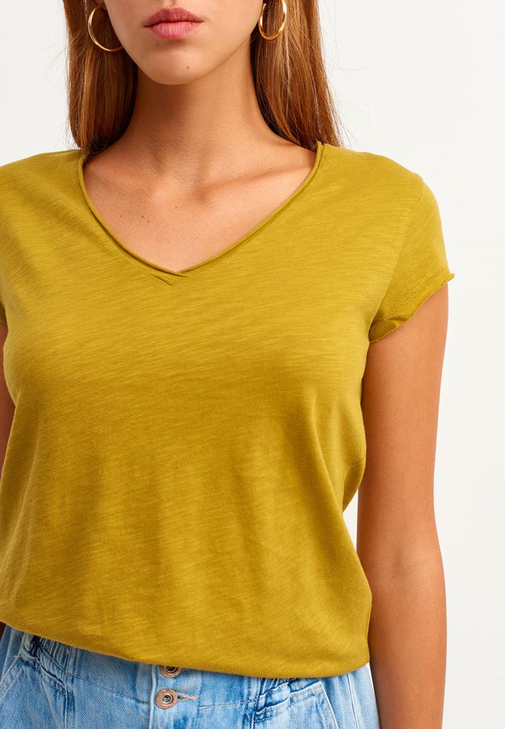 Women Green Cotton V-neck T-shirt