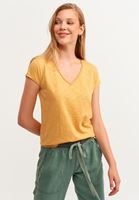 Women Yellow Cotton V-neck T-shirt