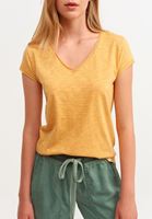 Women Yellow Cotton V-neck T-shirt