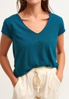 Women Navy Cotton V-neck T-shirt