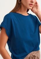 Bayan Mavi Pamuklu Cut-Out Kollu Tişört