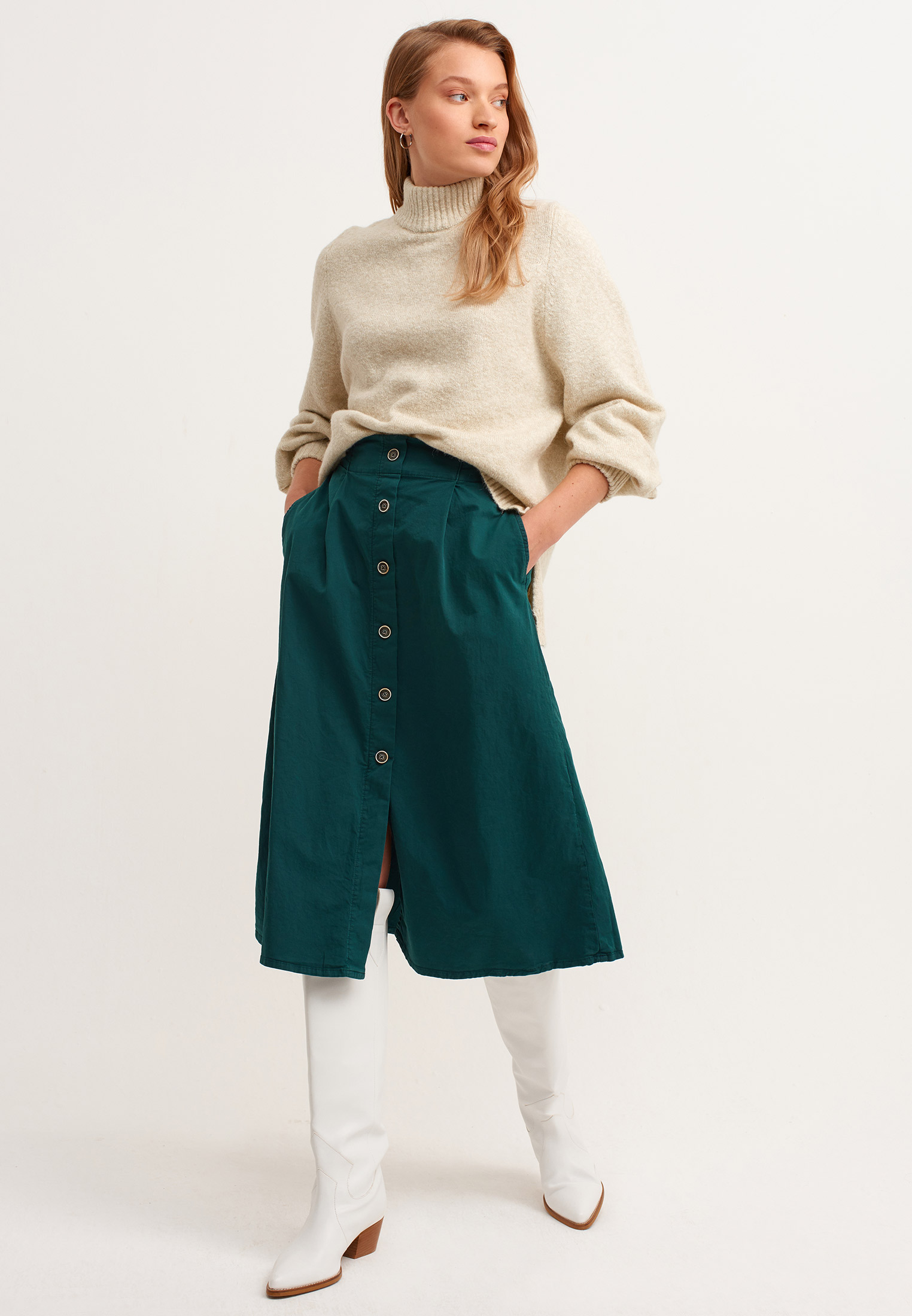 Women Green Pleated Midi Skirt with Pocket Detail